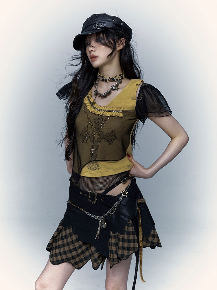 Rhinestones Decorated Yellow and Black Punk Rock Cross Print Asymmetrical T-shirt