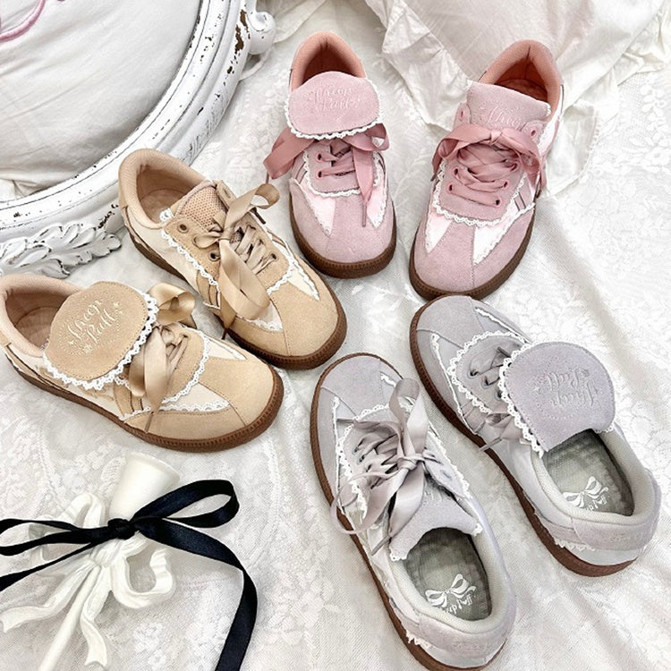 Clearance-Size 36 Khaki Fold-over Design Lace Trim Sneakers