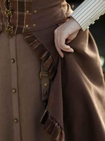 Steampunk Dark Brown Plaid Pattern Ruffled Hem Train