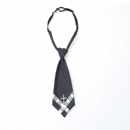 Black/Gray Pre-Tied Lace Cross Necktie with Metal Cross Accent