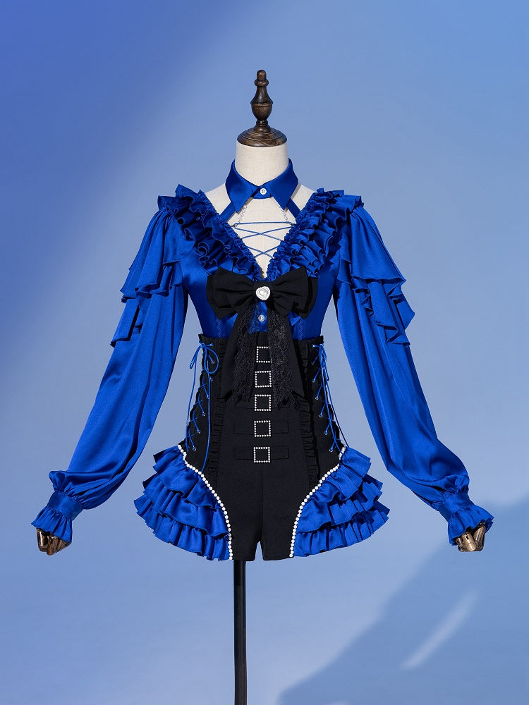 Deep Sea Blue Layered Ruffles V-neck Long Sleeves Shirt with Detachable Bead Chain Cutout Back