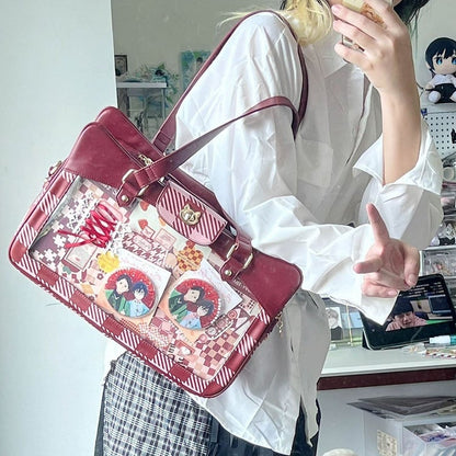 Plaid Pattern Large Capacity Wine Red Ita Tote Bag