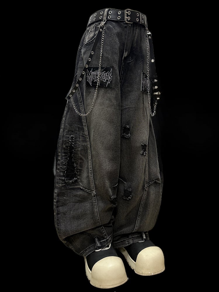 Dark Gray Letter Applique Distressed Holes Details Wide-leg Cut Jeans