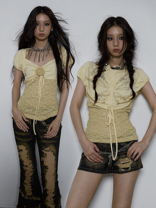 Floral Design Light Yellow Butterfly Jacquard Top