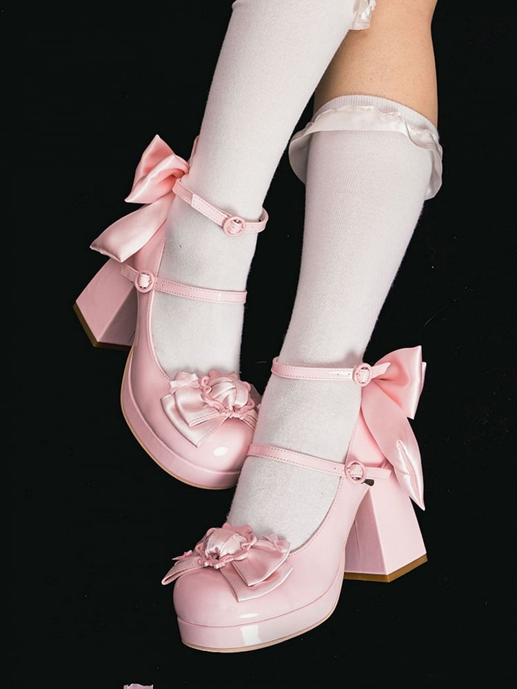 Polished Pink Bow at Top Platform High Block Heels