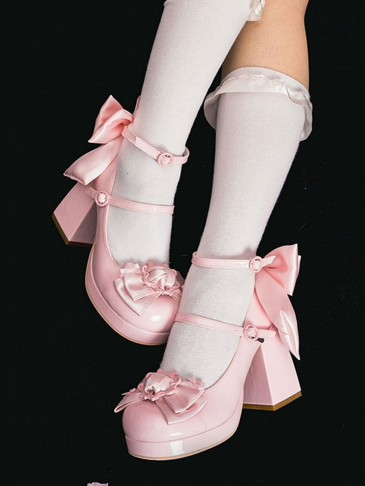 Polished Pink Bow at Top Platform High Block Heels