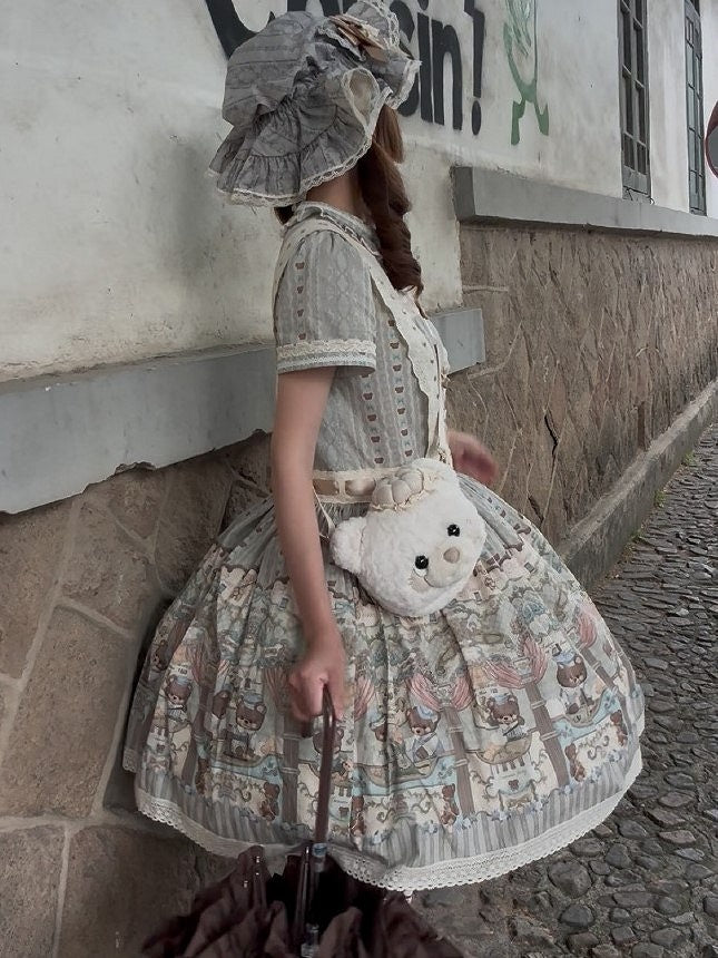 Brown/Pink/White Plush Teddy Bear Face Lolita Crossbody Bag