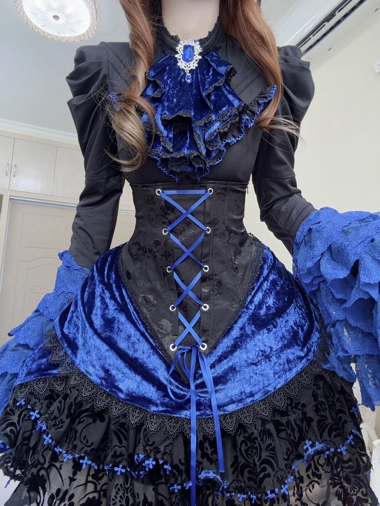 Black and Klein Blue Layered Bell Sleeves Gothic Lolita Shirt