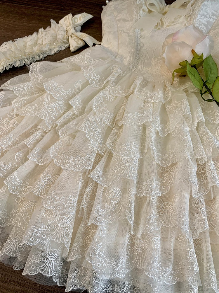 Creamy White Princess Embroidered Scallop Trim Tiered Skirt Lolita Dress