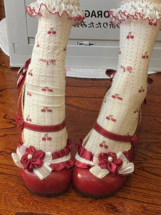 Low-heel Candy Red Mary Janes in PU - Sakura Details, Bow Decor & Flower Clasp