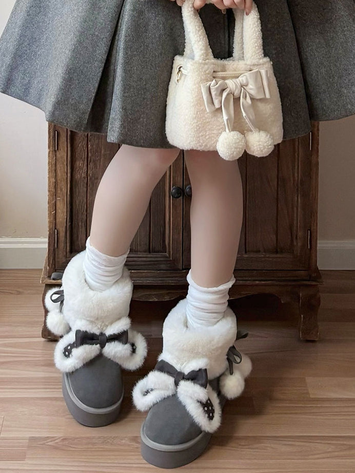Plush Bunny Ear Decor, Fleece Lining & Pompom Decor Straps Gray Winter Boots in Sweet Lolita