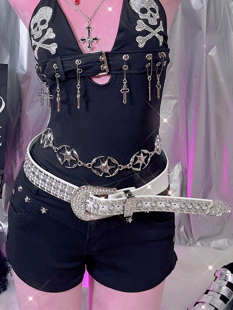 Black/White Punk Rhinestone Decorated Studs Details Waist Belt
