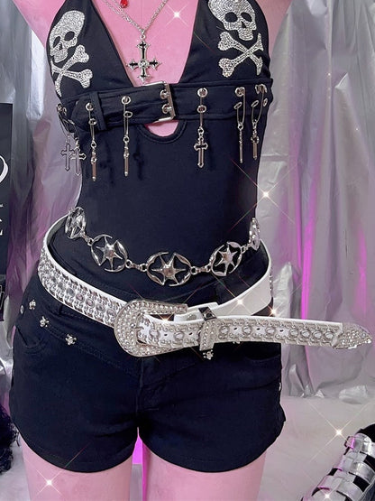 Black/White Punk Rhinestone Decorated Studs Details Waist Belt