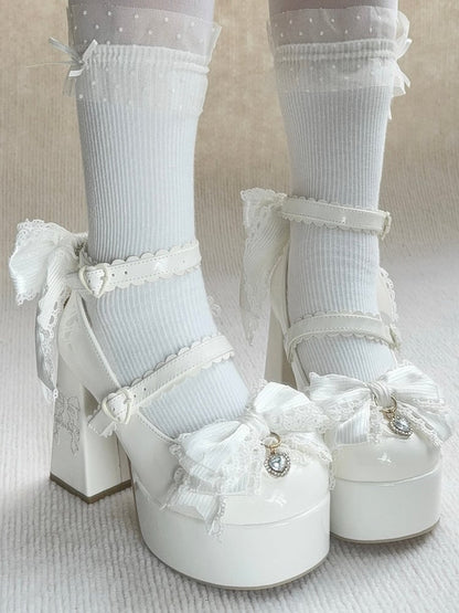 PU White Elegant Lolita Mary Janes - High Block Heel Design, Rhinestone Decor Bow & Striped Straps