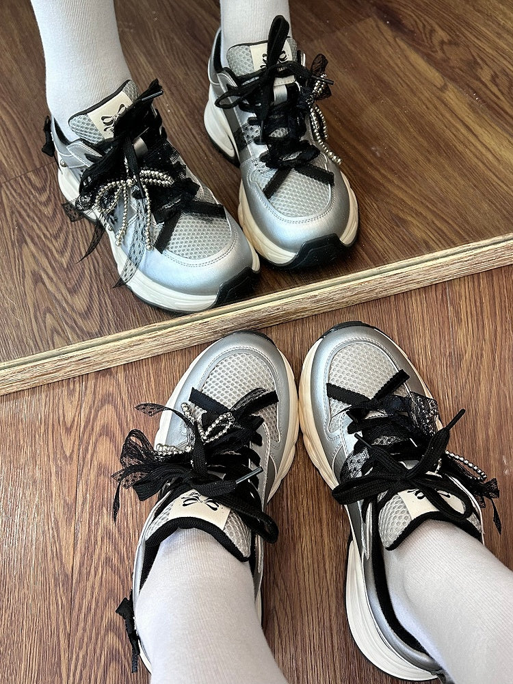 Black Beaded Decorated Bowknot Details Front Lace-up Ties Sneakers