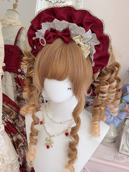 Matte Wine Red/Black Velvet Lace Trim Bonnet + 4 Bowknot Brooches