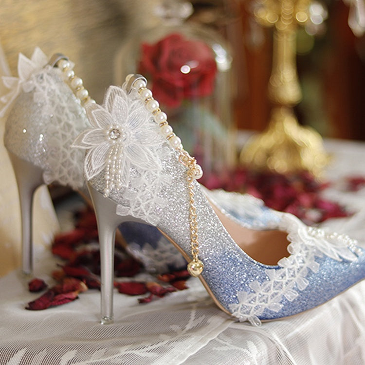 Light Blue Glittering Floral Detachable Beaded Chain 7CM/9CM Hime Lolita High Heels