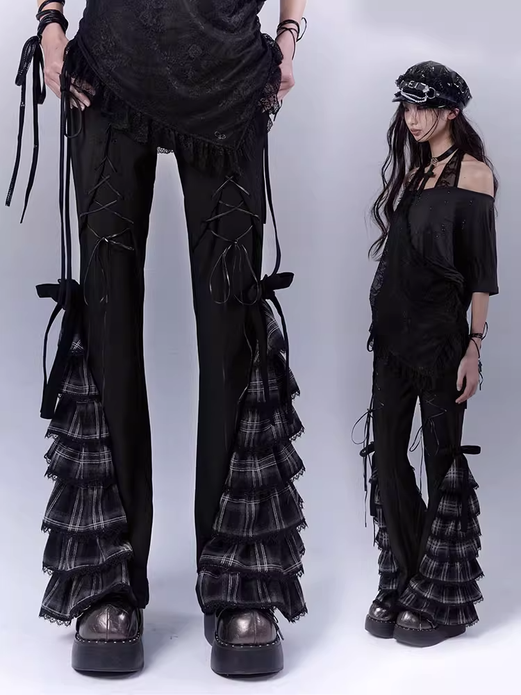 Black Lace-up Front Tiered Plaid Cuffs Slim-fitting Pants