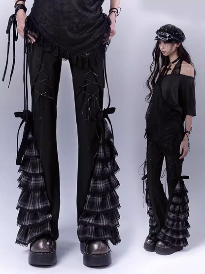 Black Lace-up Front Tiered Plaid Cuffs Slim-fitting Pants