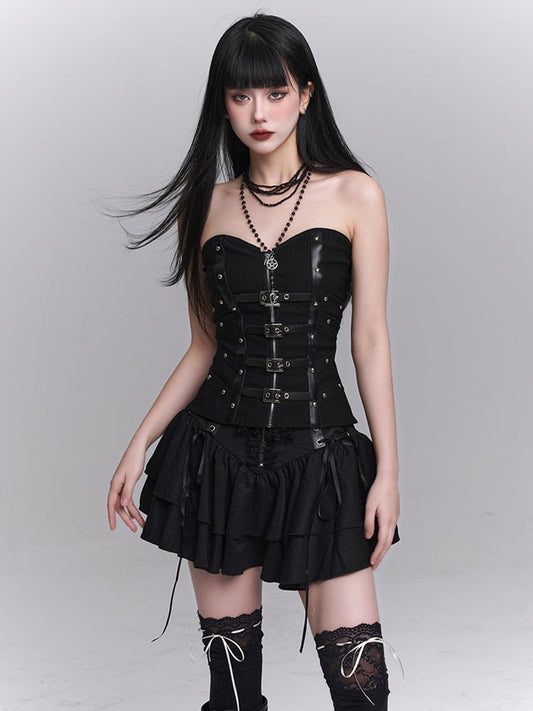 Black Criss-Cross PU Straps Front Zipper and Buckles Placket Studded Strapless Top