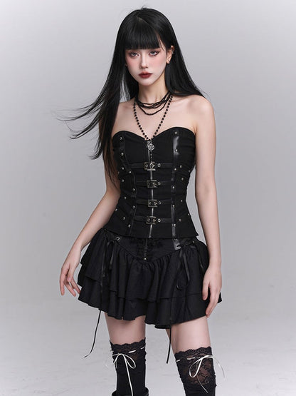Black Lace-up Waist Studded Lace Cross Tiered Skirt