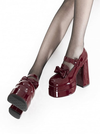 Bow at Top Wine Red Platform Mary Janes High Block Heel