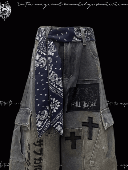 Blue Cross Applique Wasteland Punk Distressed Wide-leg Cargo Jeans