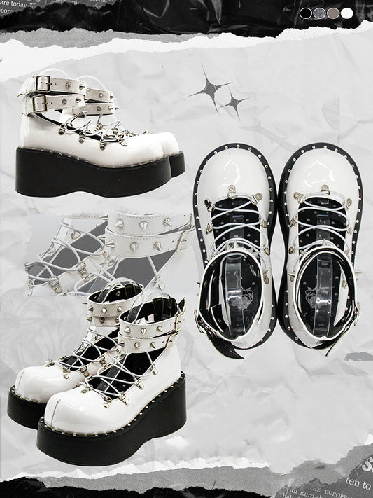 Front Lace-up Spike Stud Detailing White Punk Lolita Platforms