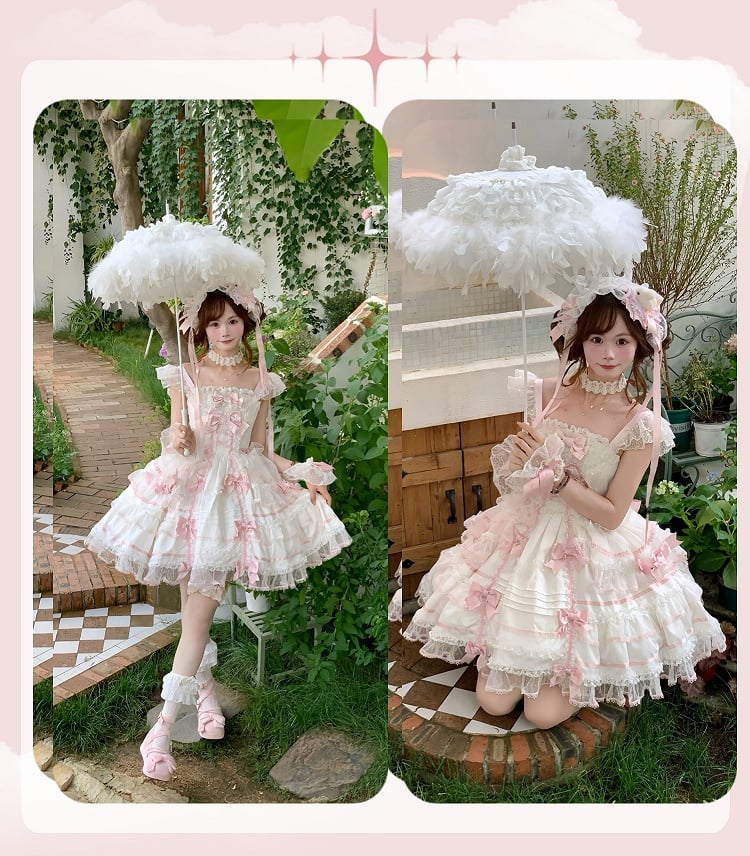 White and Pink Sweet Bow Accents Princess Lolita Jumper Skirt