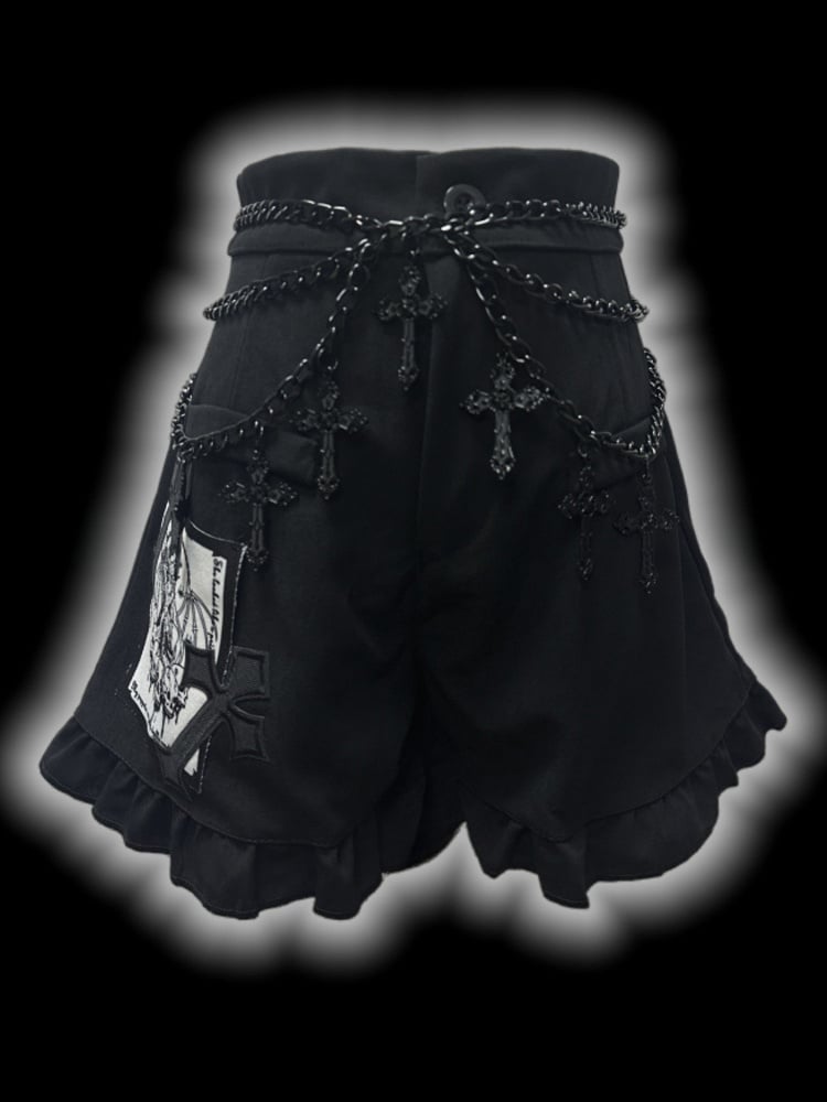 Gothic Black Cross Patches High Waist Ruffle Trim Shorts with Free Waist Chain