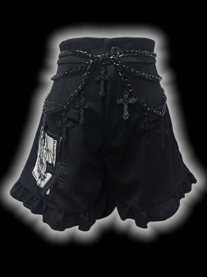 Gothic Black Cross Patches High Waist Ruffle Trim Shorts with Free Waist Chain