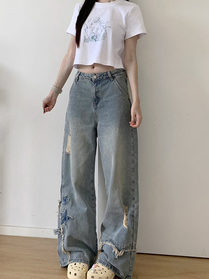 Seashell and Jellyfish Print White Round Neck T-shirt Regular/Short Version