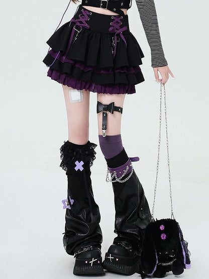 Lace-up Details at Waist Y2K Black and Purple Tiered Skirt