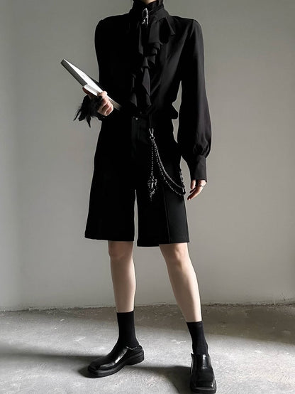 Ouji Lolita Vintage Black Bishop Sleeve Shirt with Cascading Ruffles & Detachable Obsidian Necklace
