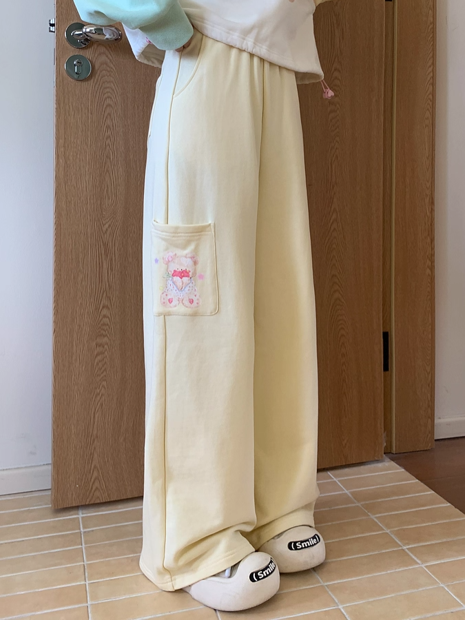 Creamy Yellow Elastic Waist Teddy Bear Print Wide-Leg Casual Pants Regular/Short Version