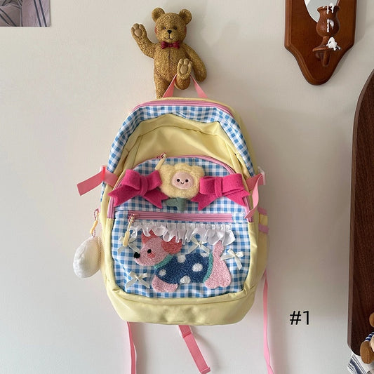 Yellow & Blue Plaid Preppy & Sporty Backpack with Plush Puppy Applique