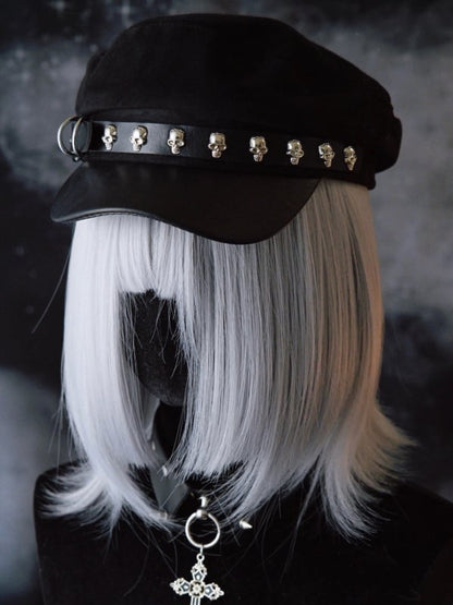 Black Gothic Skeleton Decorated Buckle Design Beret Hat