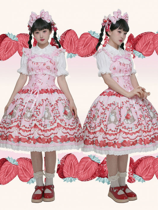 Strawberry and Bunny Print Lace-up Front Pink Cottagecore Country Lolita Dress Flutter Sleeves Jumper Skirt
