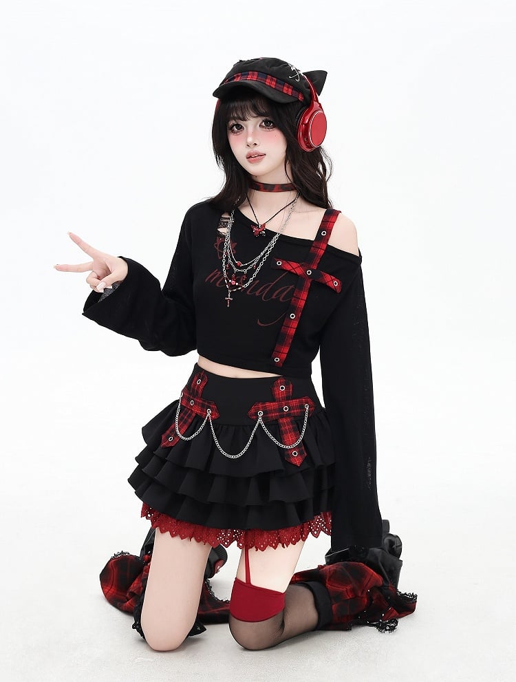 Asymmetrical Neckline Criss-cross Gray/Red Plaid Shoulder Strap Distressed Holes Coverup