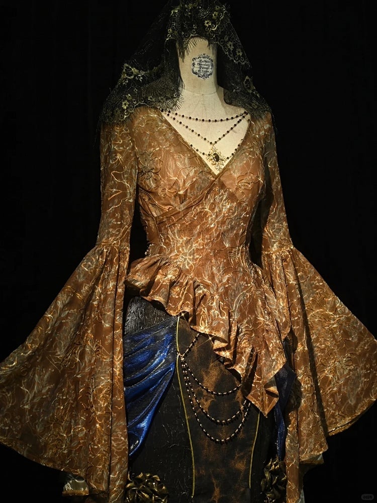 Gold V-neck Wide Flounce Sleeves Top with Removable Bead Chain on Neckline