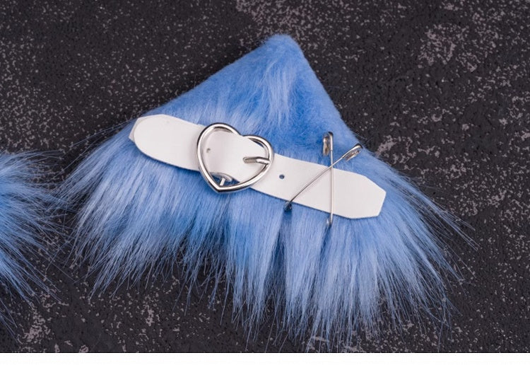 Pins and PU Buckle Blue and White Asymmetrical Kitty Ears Hairclips