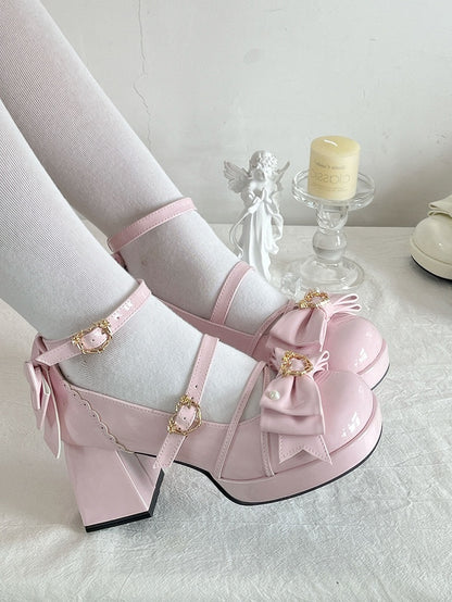 Pink Bow Accent Crisscross Design Lolita Platform High Block Heels