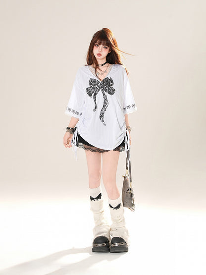 Big Bow Print Lace Trim Drawstring Side Black/White V-neck T-shirt