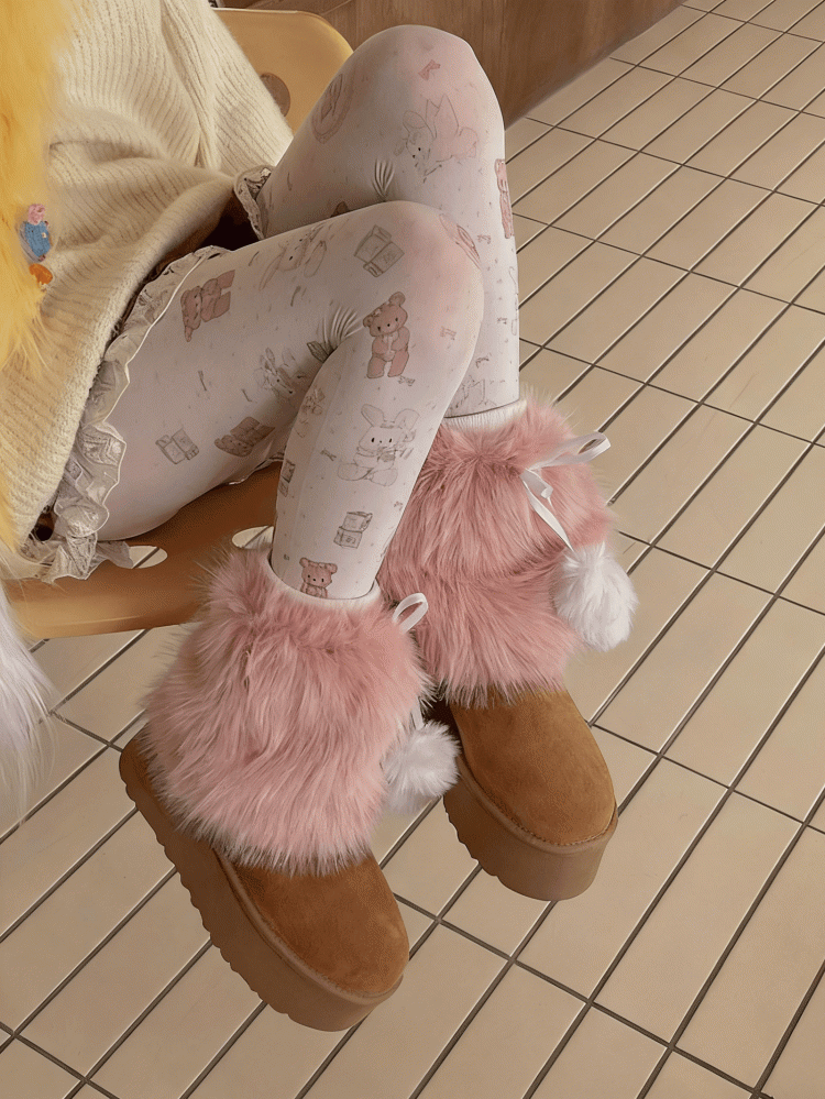 Pink/Coffee Sweet Plush Leg Warmers With Pompons