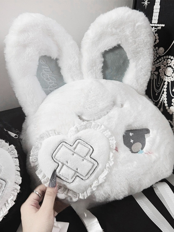 Kawaii Black / White Plush Bunny Backpack with Bendable Ears & Heart Eye Patch Design