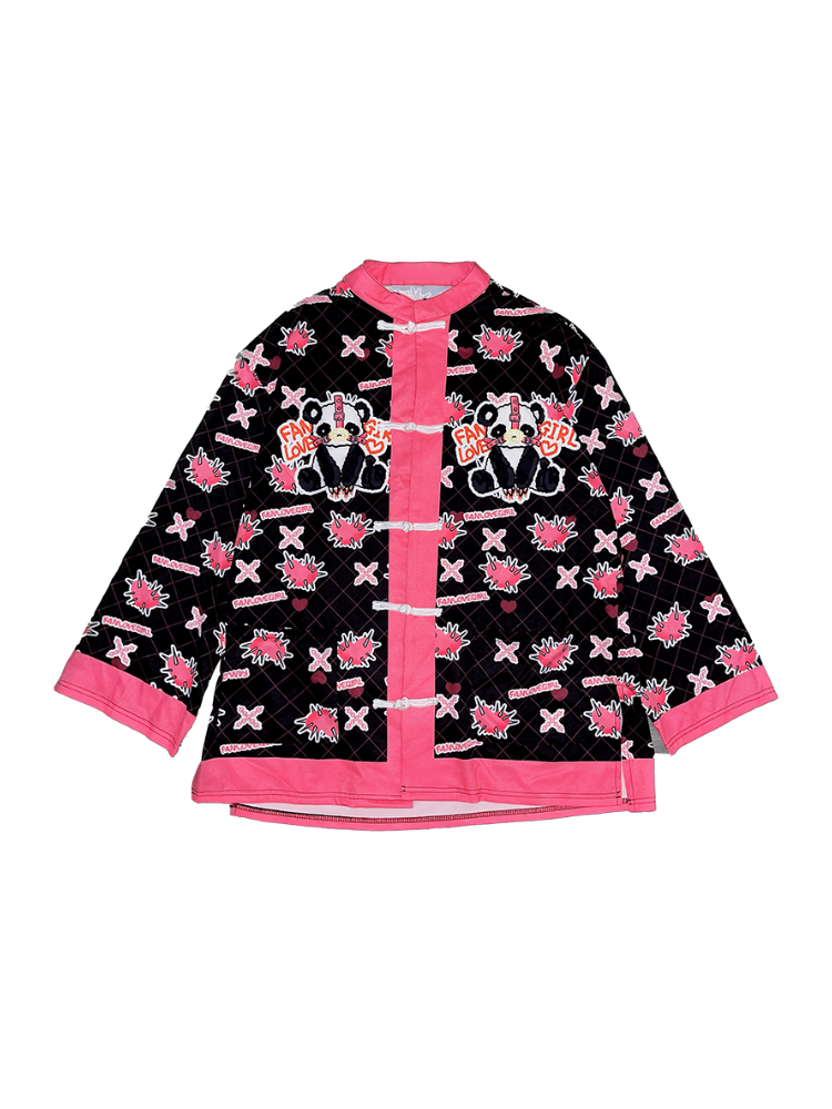 White/Black Panda Print Knot Buttons Banded Collar Jacket