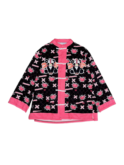 White/Black Panda Print Knot Buttons Banded Collar Jacket