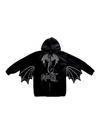 Rhinestones Dragon Decorated Wings Design Hooded Black Jacket