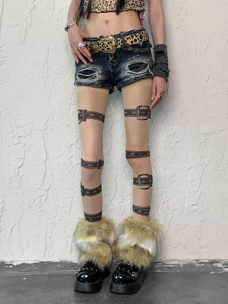 Nude Punk Buckle Straps Print Tights＋White&Brown Shaggy Leg Warmers Set