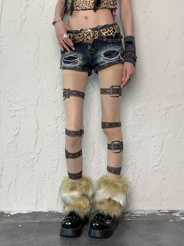 Nude Punk Buckle Straps Print Tights＋White&Brown Shaggy Leg Warmers Set